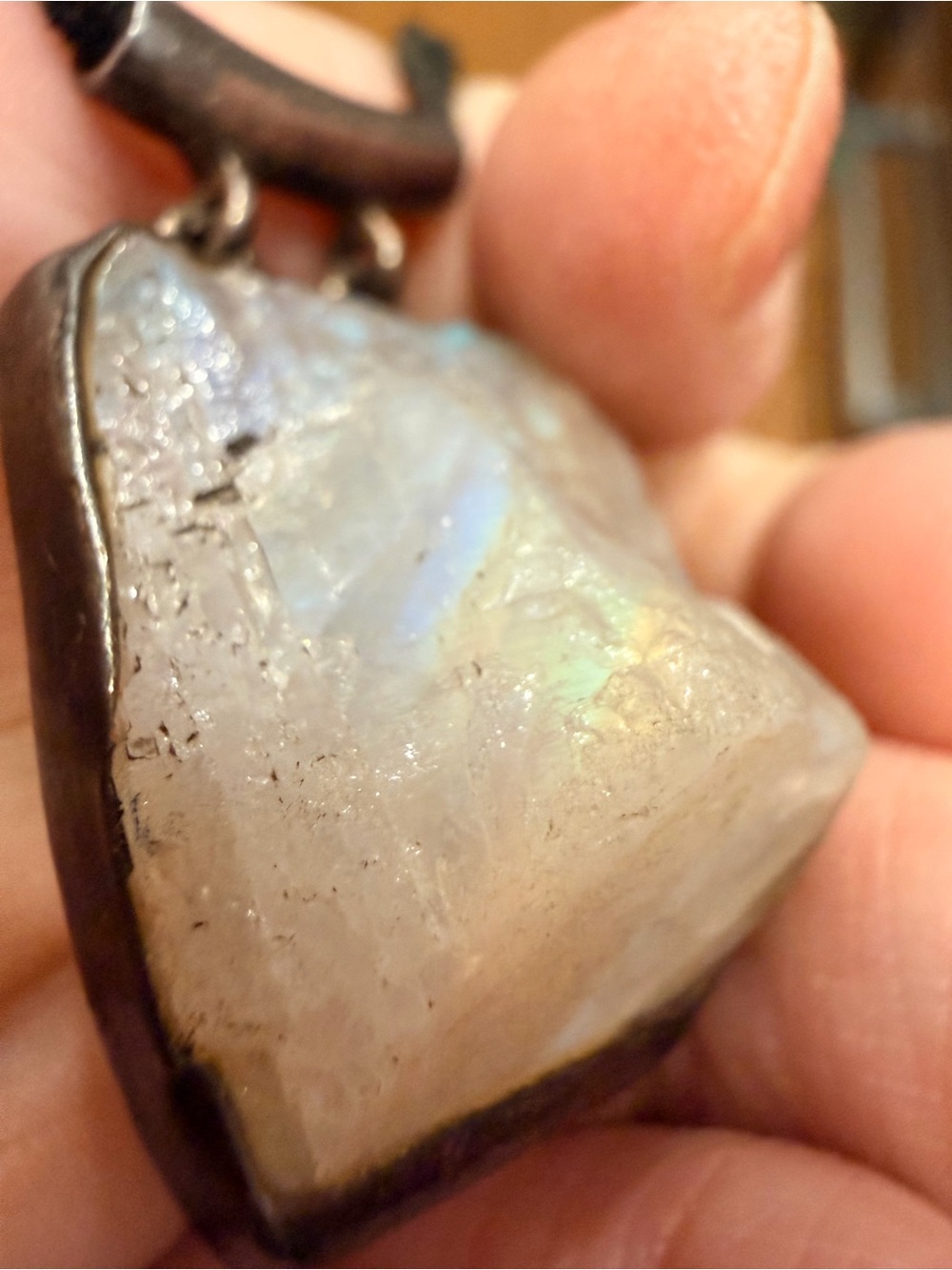 Raw Rainbow 🌈 Moonstone .925 Pendant Necklace on black Deerhide